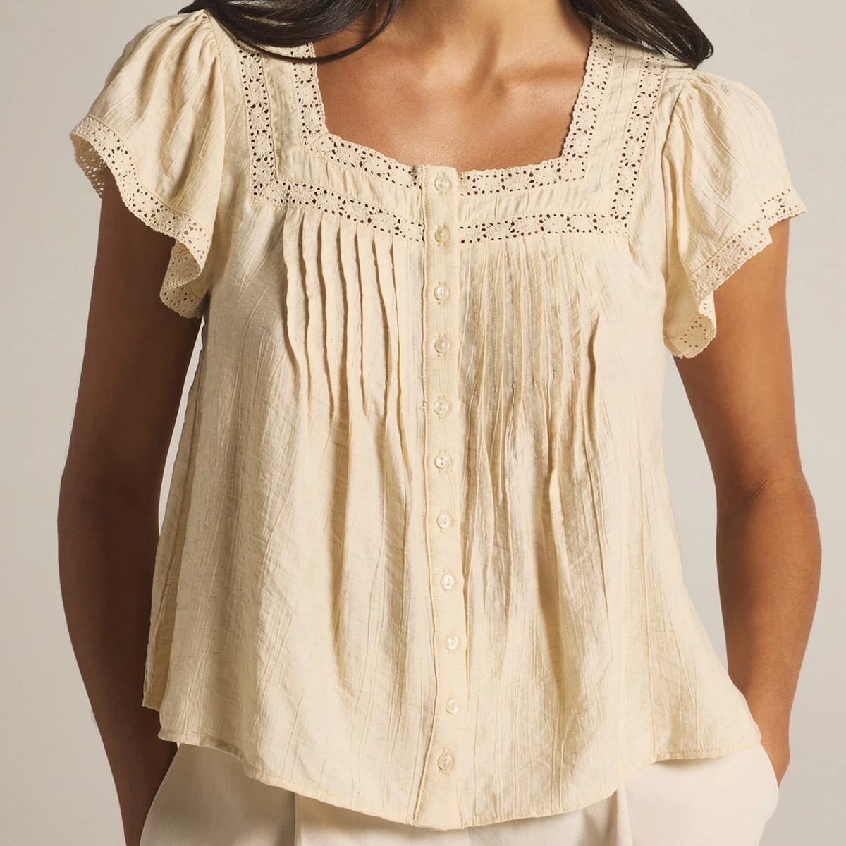 Square Neck Eyelet Flounce Short Sleeve Boho Blouse