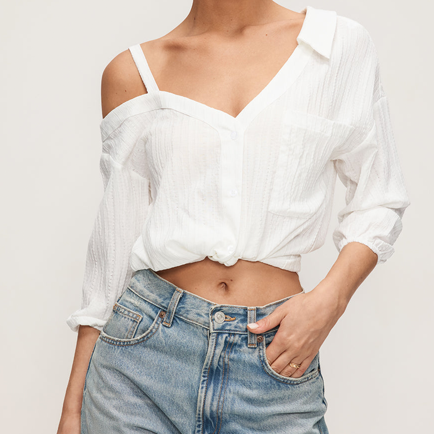 Asymmetric Cold‑Shoulder Backless Button Long Sleeve Shirt