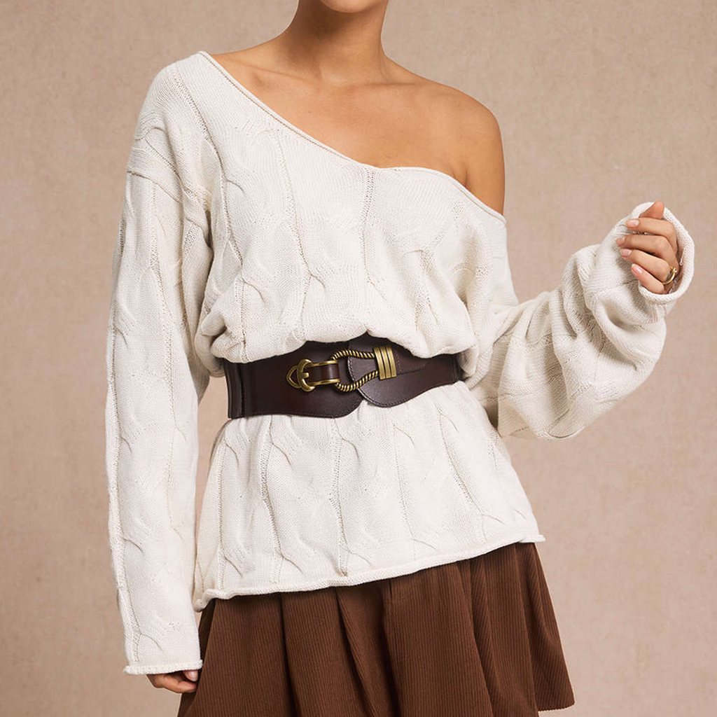 Cable‑Knit Asymmetric Off‑Shoulder Loose Long Sleeve Sweater