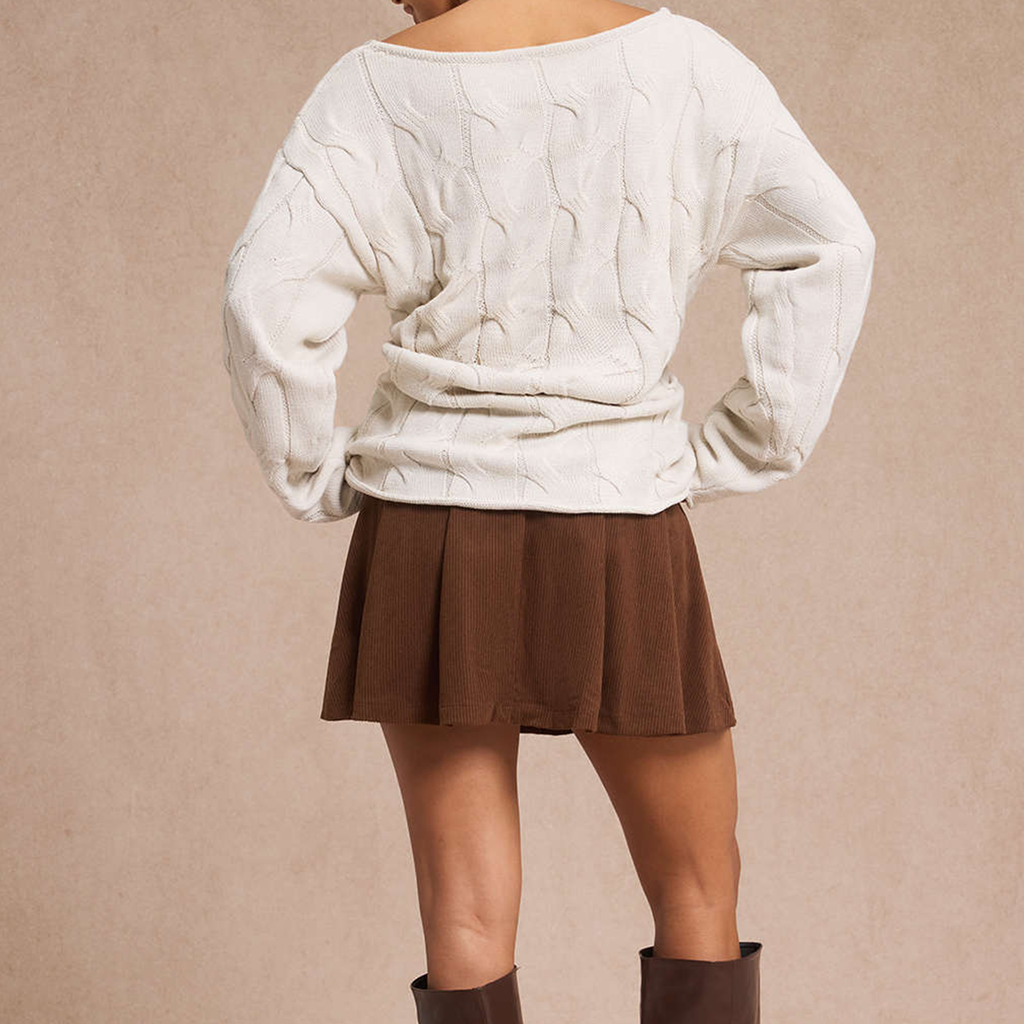 Cable‑Knit Asymmetric Off‑Shoulder Loose Long Sleeve Sweater