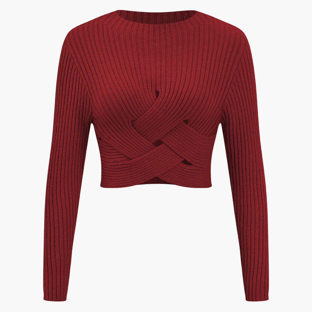 Crisscross Cut‑Out Cropped Long Sleeve Knit Top