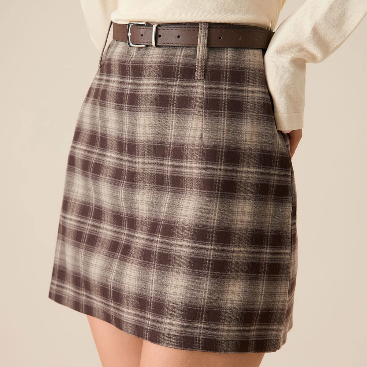 Brown Plaid Straight‑Fit Mini Skirt