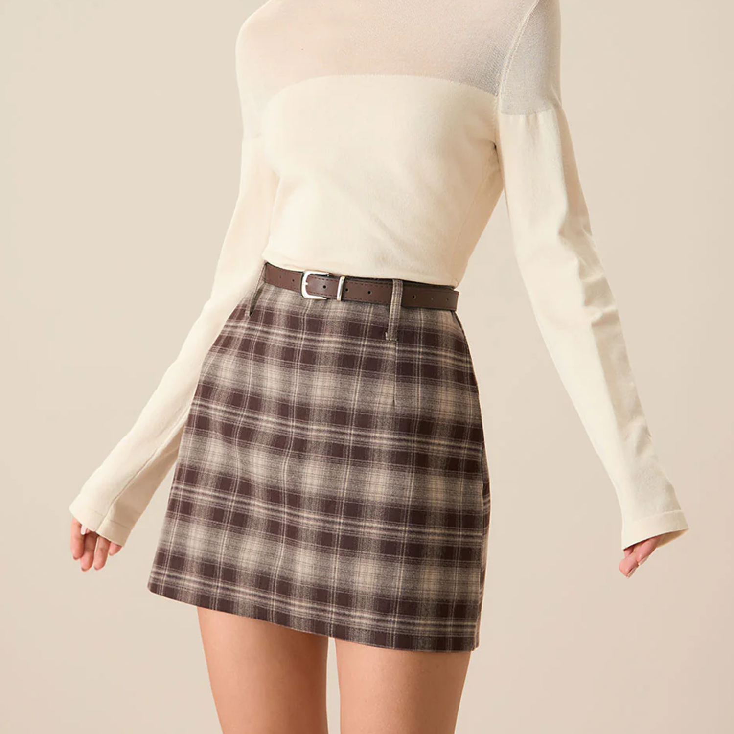 Brown Plaid Straight‑Fit Mini Skirt
