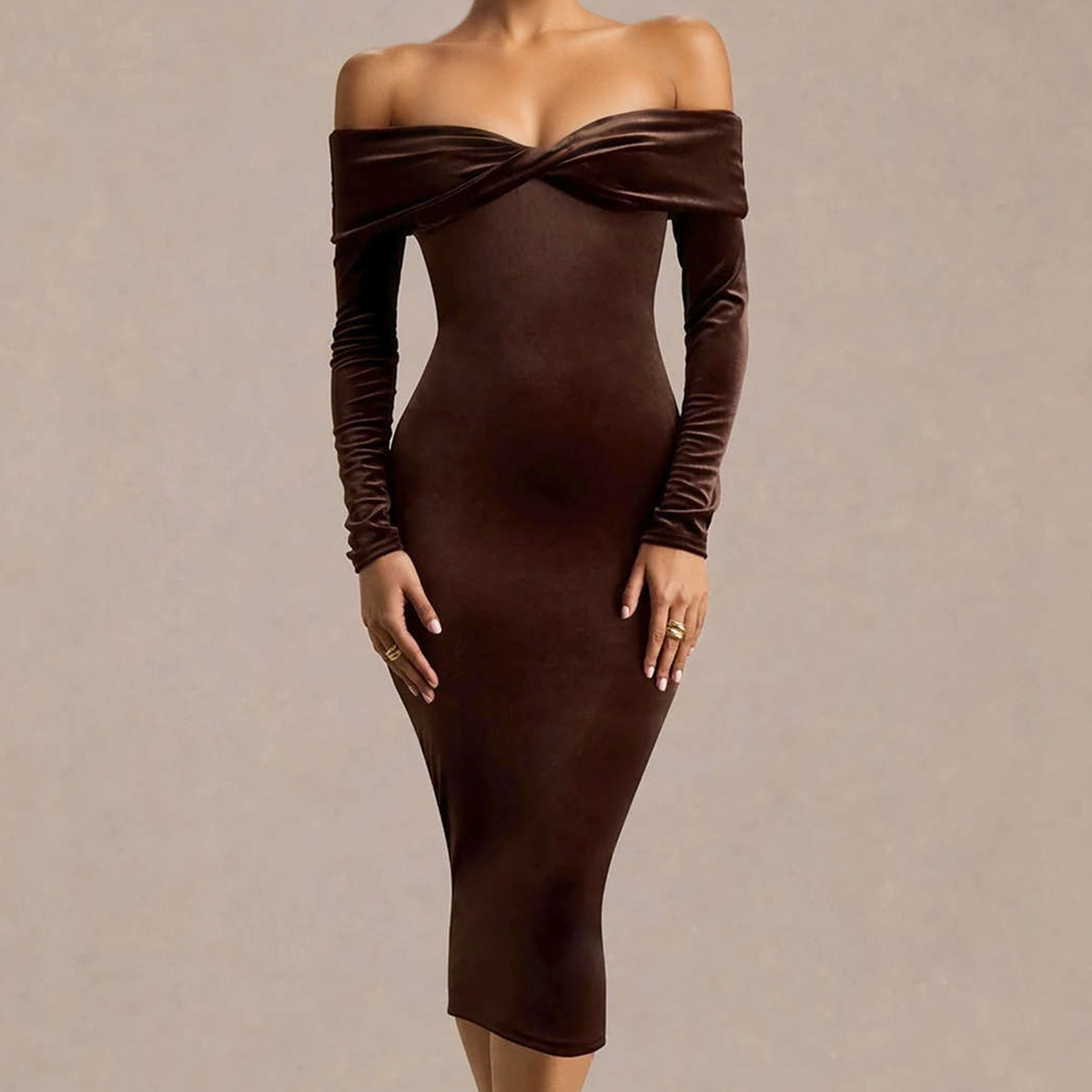 Twisted Off‑Shoulder Long Sleeve Fitted Midi Dress
