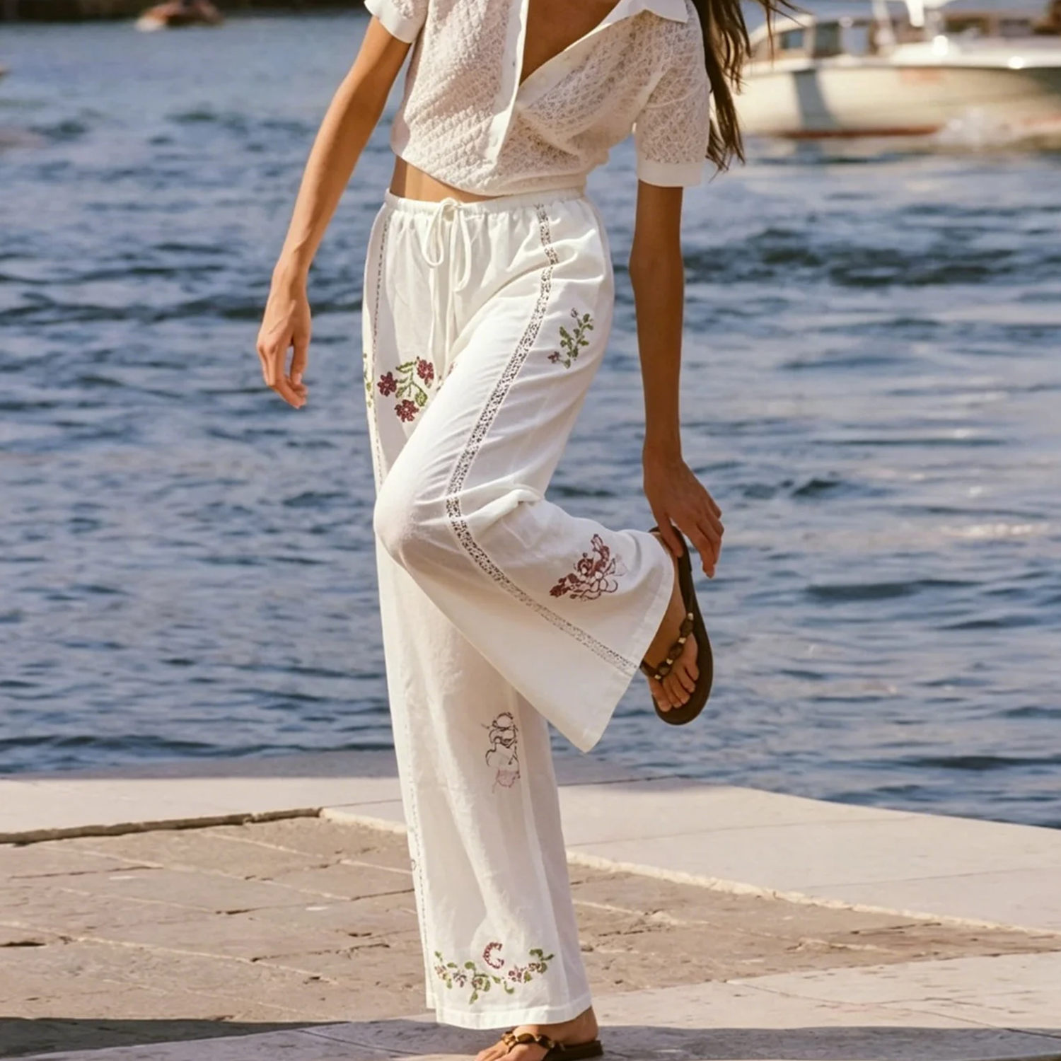 White Floral‑Embroidery Natural‑Waist Straight‑Leg Pants Trousers