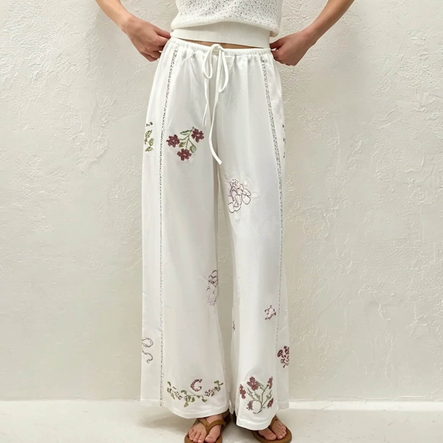 White Floral‑Embroidery Natural‑Waist Straight‑Leg Pants Trousers