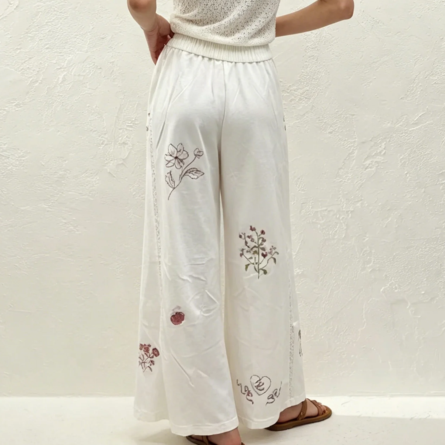 White Floral‑Embroidery Natural‑Waist Straight‑Leg Pants Trousers