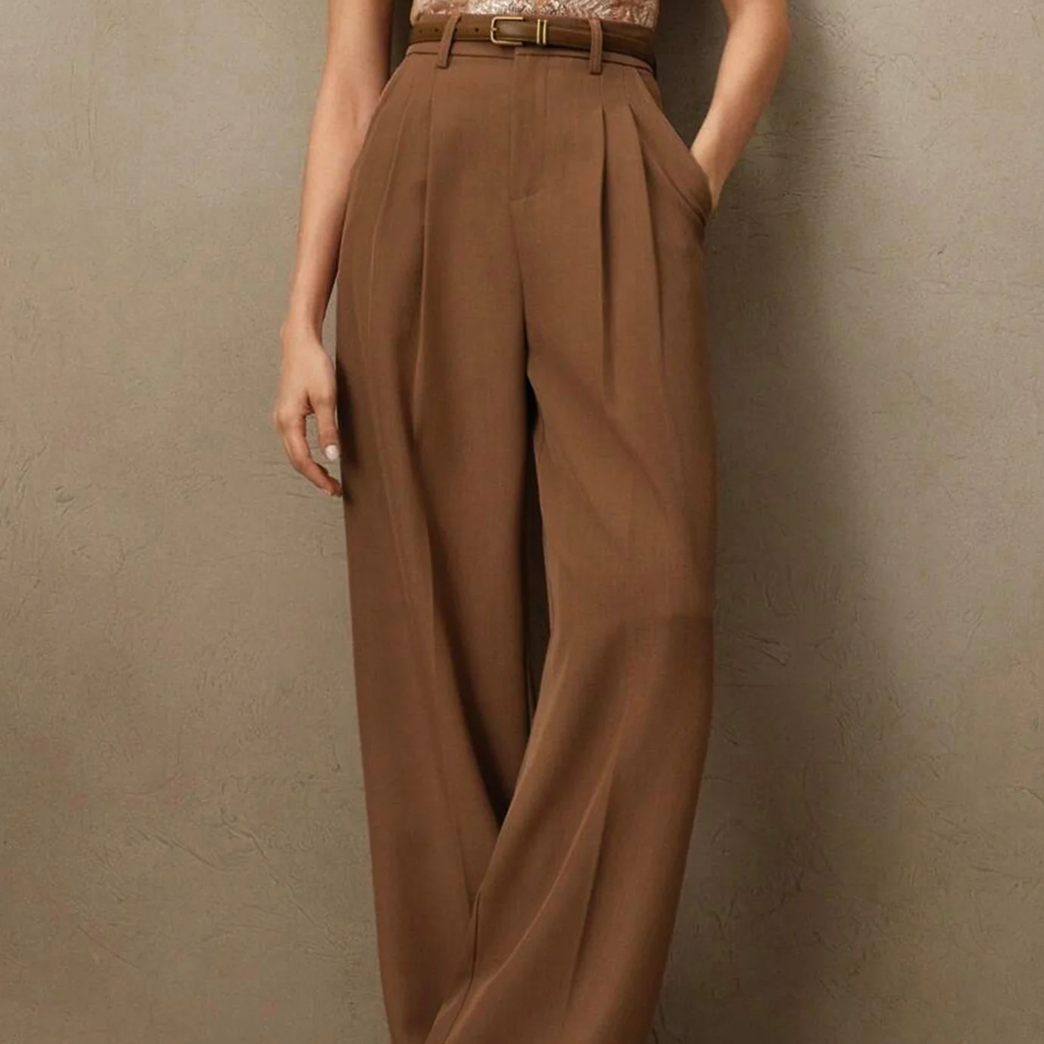Caramel Natural Waist Pleated Straight‑Leg Pants Trousers