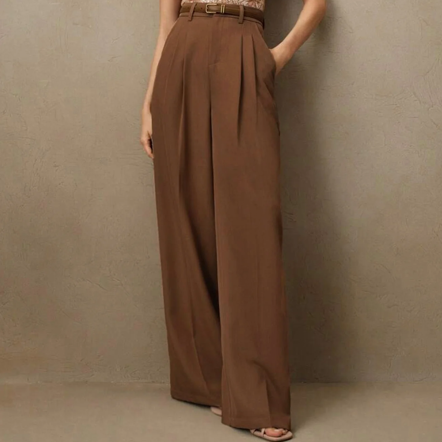 Caramel Natural Waist Pleated Straight‑Leg Pants Trousers