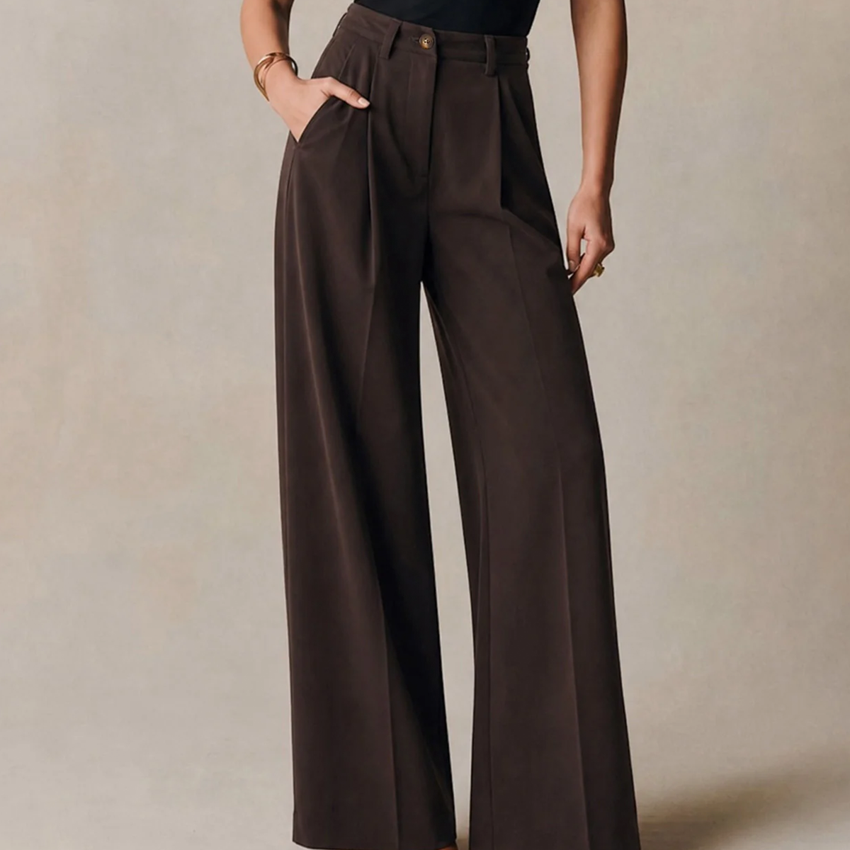 Coffee‑Tone Button‑Closure Pocketed Straight‑Leg Pants Trousers