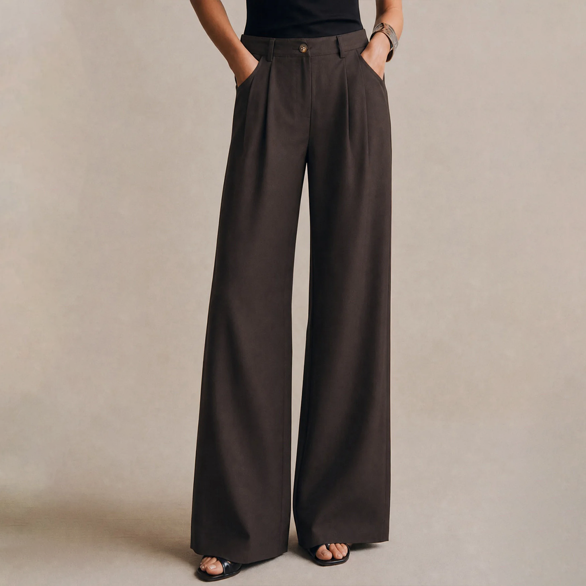 Coffee‑Tone Button‑Closure Pocketed Straight‑Leg Pants Trousers