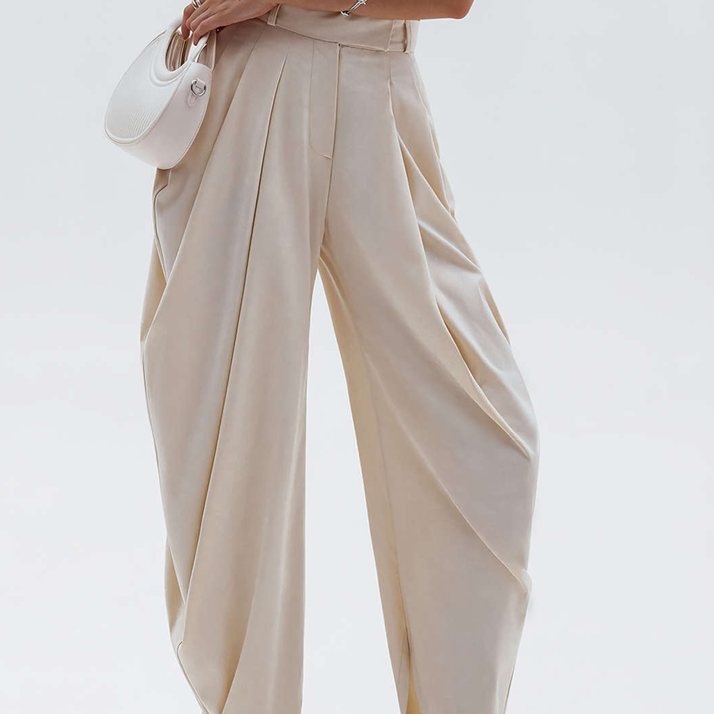 Ruched Solid‑Color Draped Tulip‑Cut Trousers