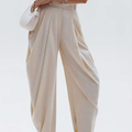 Ruched Solid‑Color Draped Tulip‑Cut Trousers