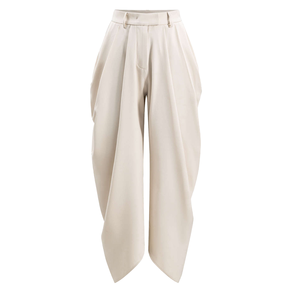 Ruched Solid‑Color Draped Tulip‑Cut Trousers
