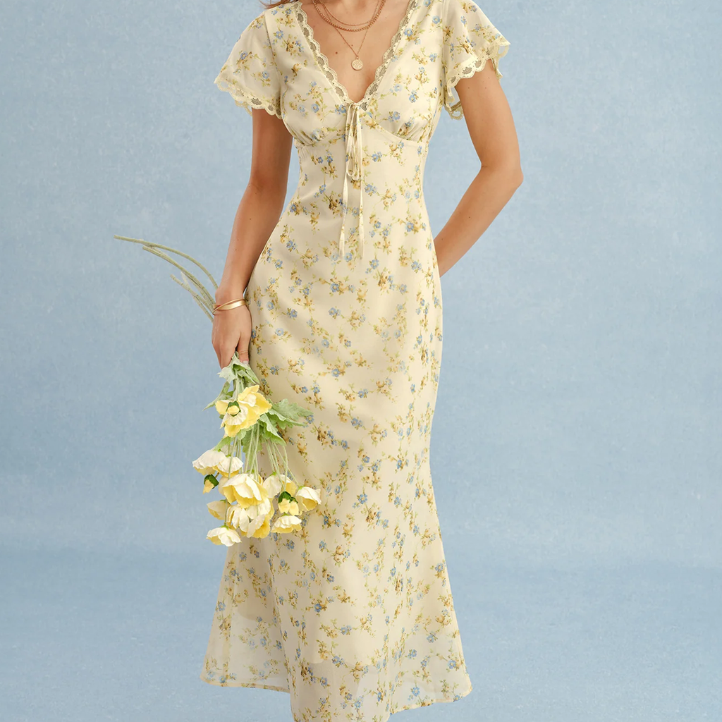 Lace Trim V‑Neck Tie Front Floral A‑Line Maxi Dress