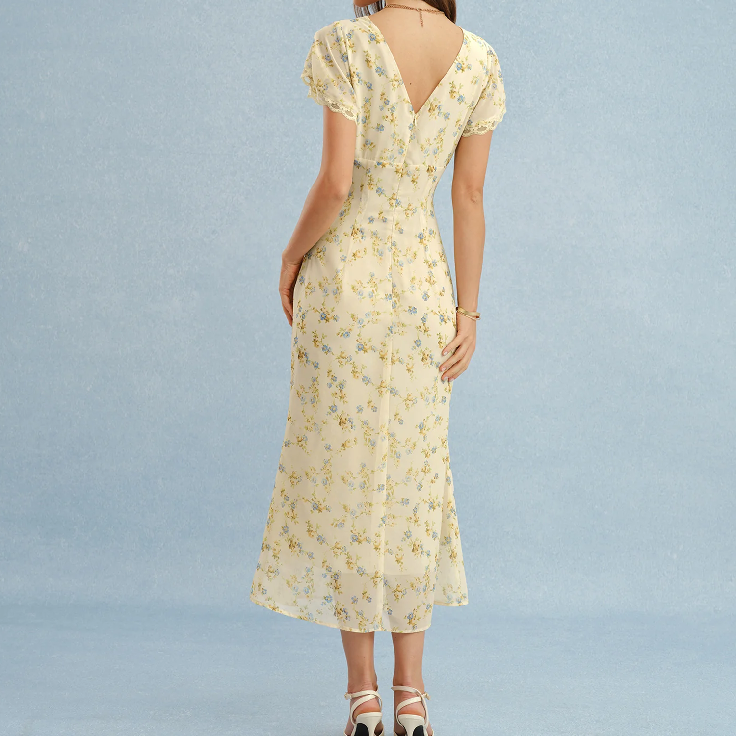 Lace Trim V‑Neck Tie Front Floral A‑Line Maxi Dress