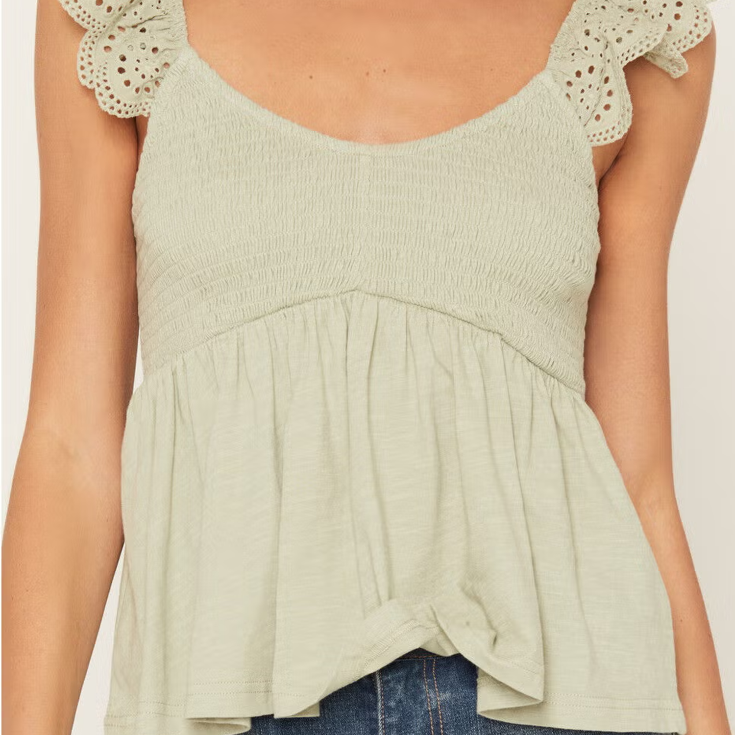 Eyelet Ruffle Strap V‑Neck Smocked Peplum Top