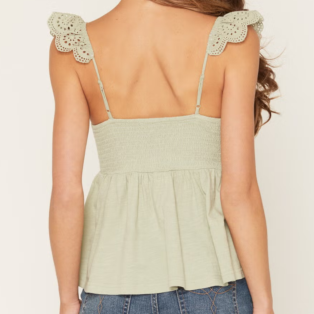 Eyelet Ruffle Strap V‑Neck Smocked Peplum Top
